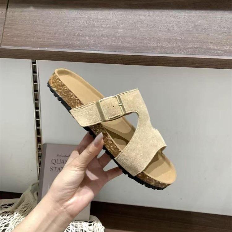 Fashion Fashion Faux Suede Cork Slippers Women Summer Non Slip Beach Slides Sandals Woman Open Toe Comfort Unisex Home Shoes Plus Size