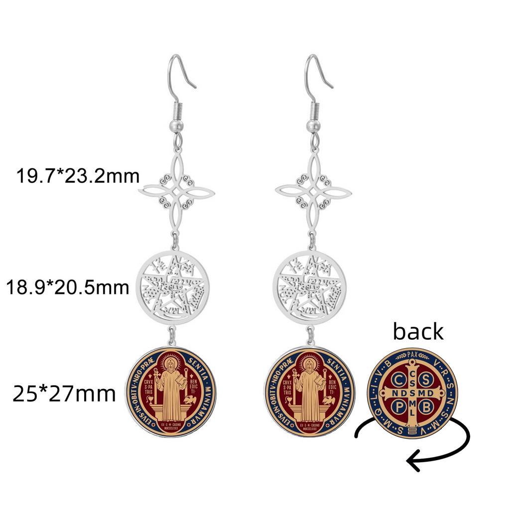 Jeshayuan ST. Benedict Medal Earrings Pentagram Drop Earring Witches Knot Tetragrammaton Earrings Christian Jewelry Gift