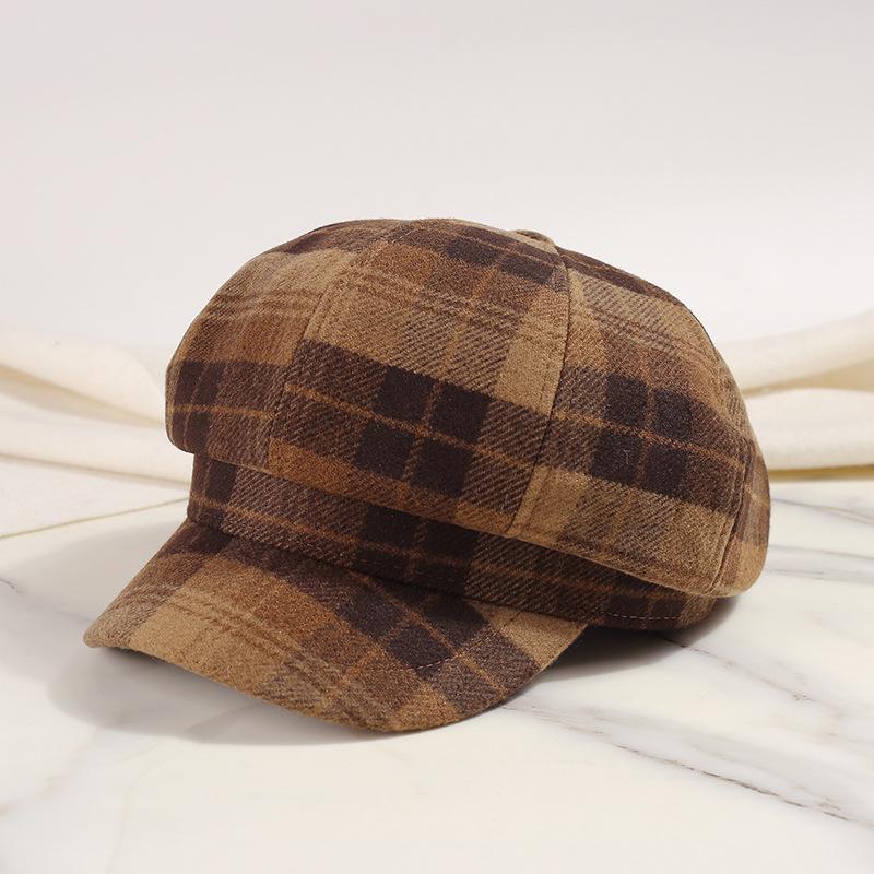 

Восьмиугольная шляпа газетчика, простая ретро-шляпа в британскую клетку с цветными блоками для повседневного использования в День короля ONE SIZE темно-коричневого