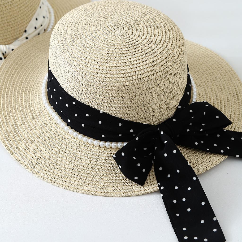 French elegant polka dot bow streamer pearl straw hat women's summer big brim sun hat seaside outing beach hat