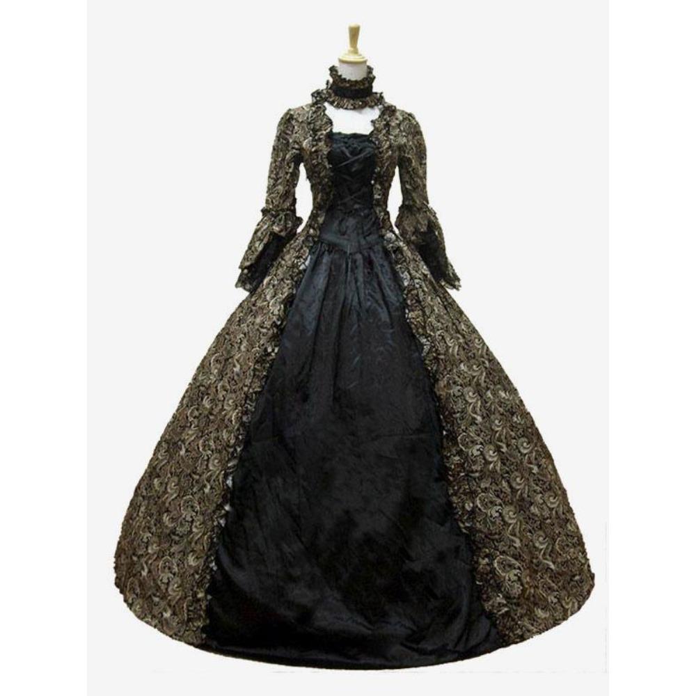 Women's High Neck Long Sleeve Maxi Dress Slim Fit Victorian Renaissance Ball Gown Costume Dress