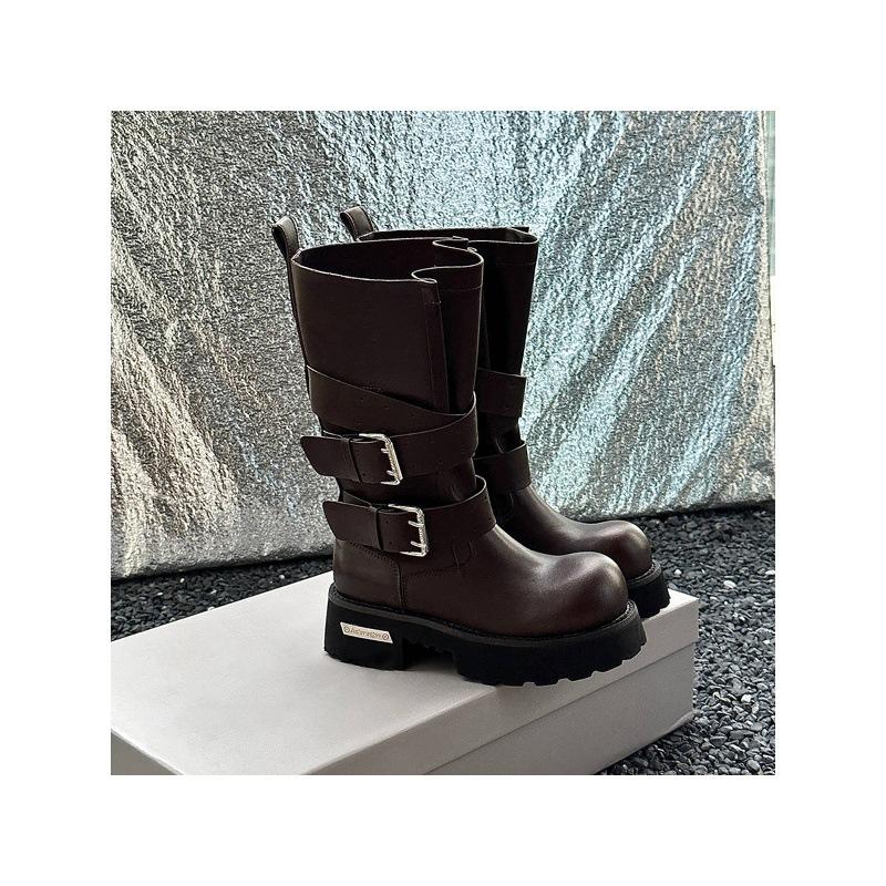 Sheepskin version thick-soled medium boots retro big-headed knight boots female venom belt buckle Martin boots female western cowboy boots