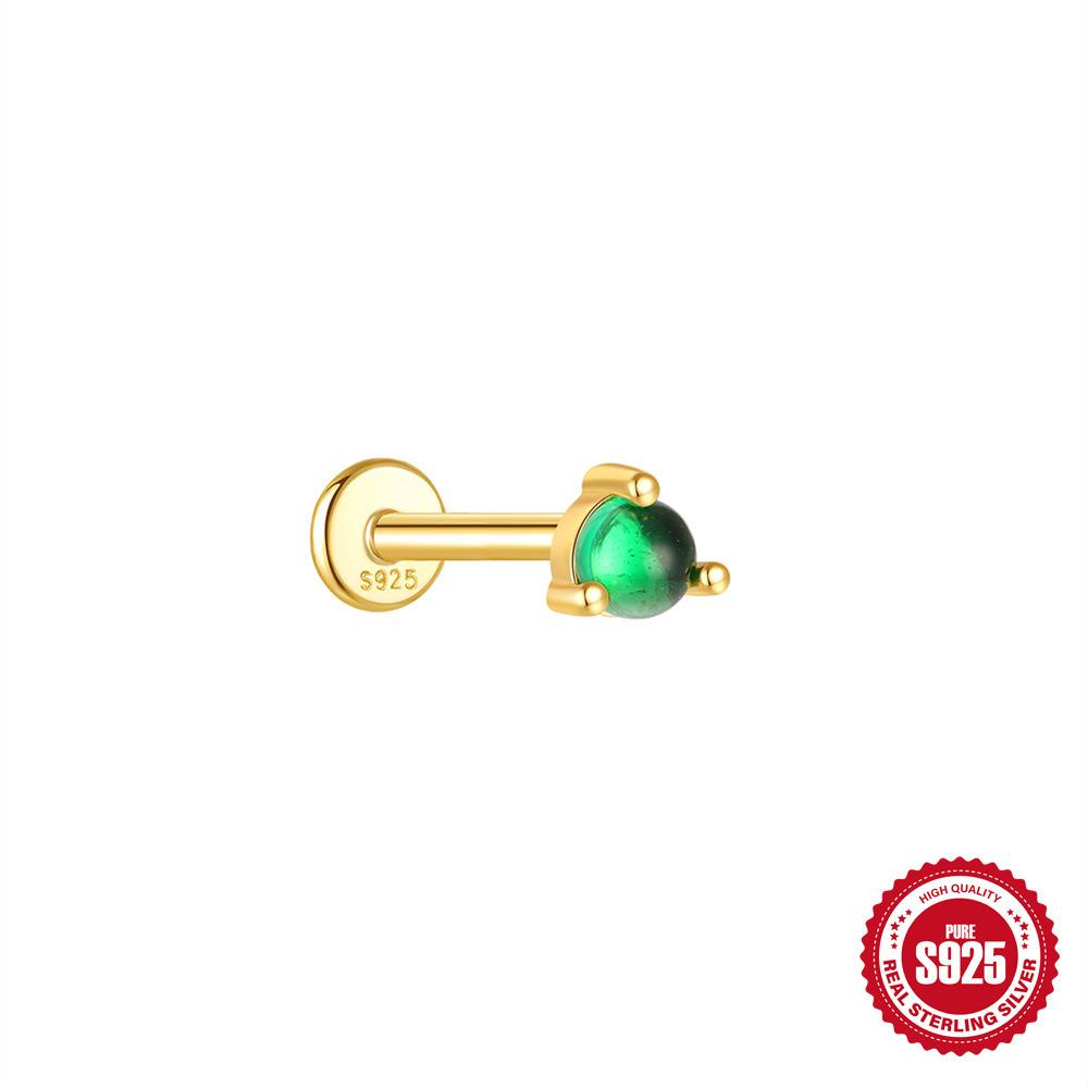 S925 Sterling Silver Green Fresh Retro Red Color Flat Head Stud Earrings Round Personality Versatile Earbone Stud Puncture