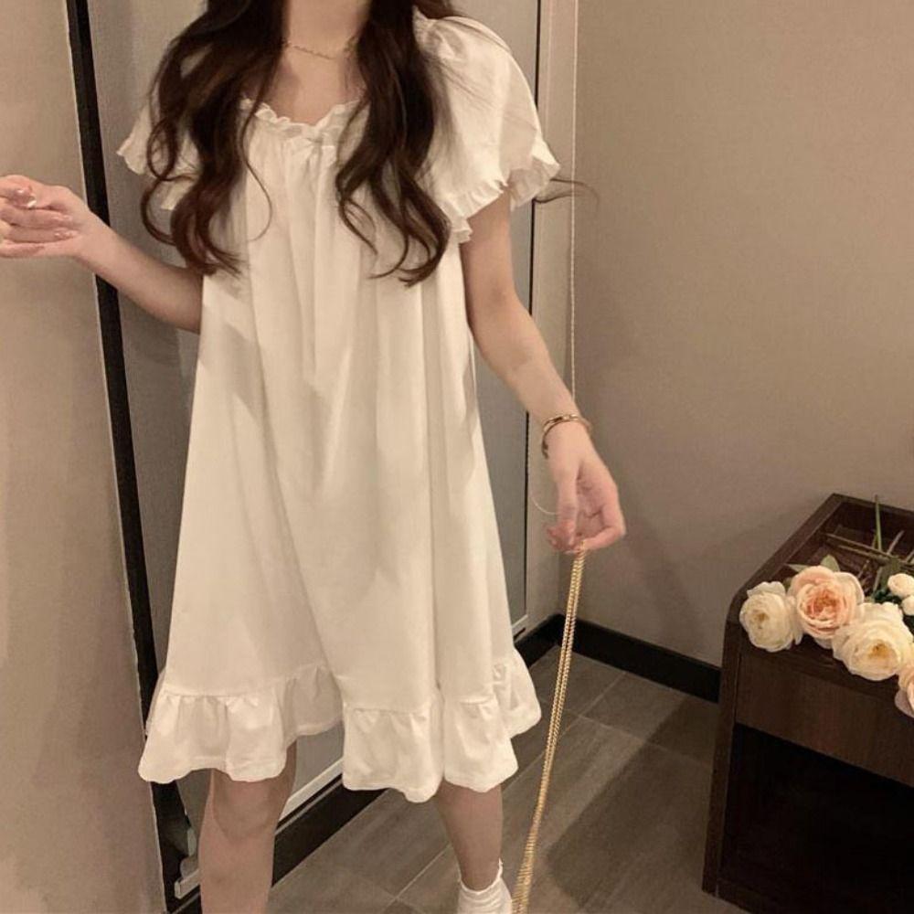 Loose Ruffle Nightdress Short Sleeve Princess Nightgown Sweet Women's Pajama Dress  Girls