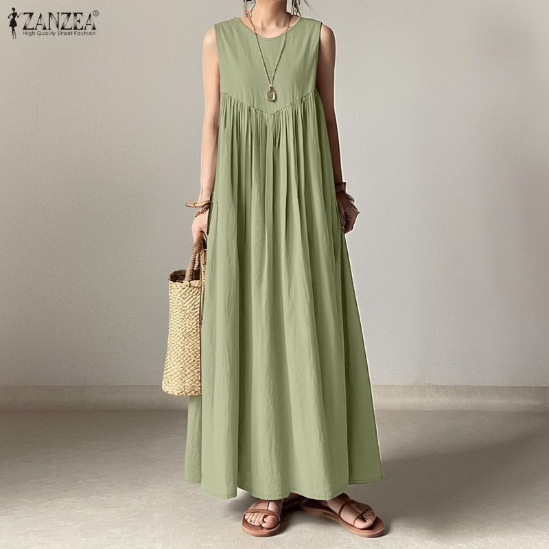 ZANZEA Women Casual Round Neck Solid Color Sleeveless Long Dress
