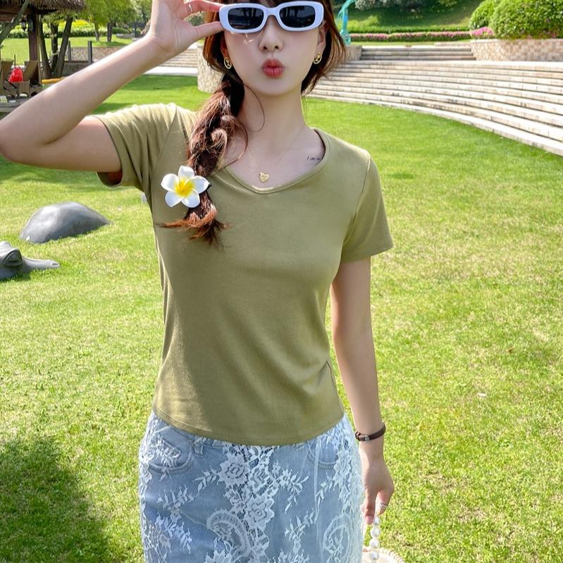 

Короткие рукава V-образный вырез футболки укороченные топы для женщин милые модные топы для выхода на лето 2025 XXXL зелёный