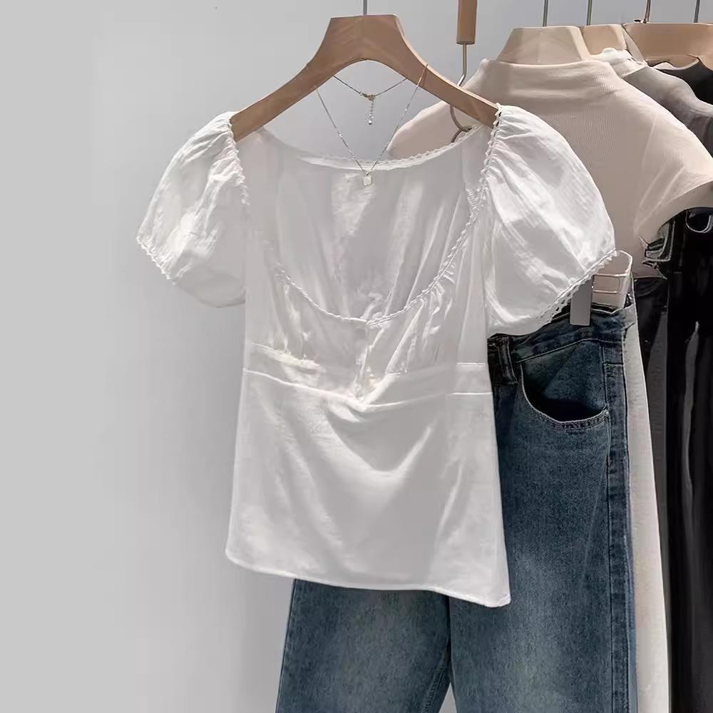 Chic French White Short-Sleeve Bubble Collar Top for Women