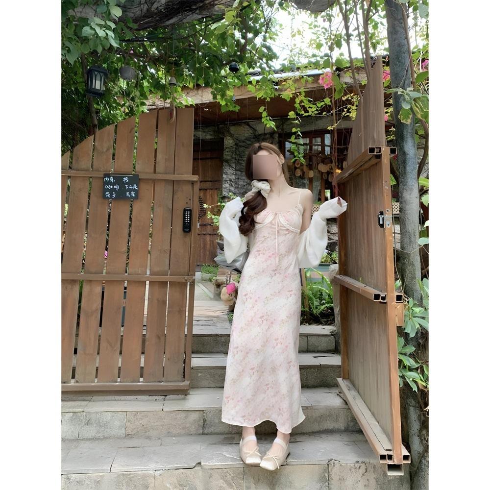 

Светло-розовое платье-сарафан с цветочным принтом для женского летнего отдыха, новый праздничный стиль, высокая талия и стройнящий темперамент, длинное платье XL- (recommended 110-60kg)