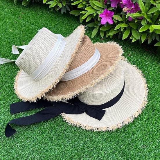 Summer Beach Hat, Wide Brim Straw Sun Hat, Sun Protection Foldable Hat with Ribbon Bow, Women Hat for Outdoor Travel Beach Trips
