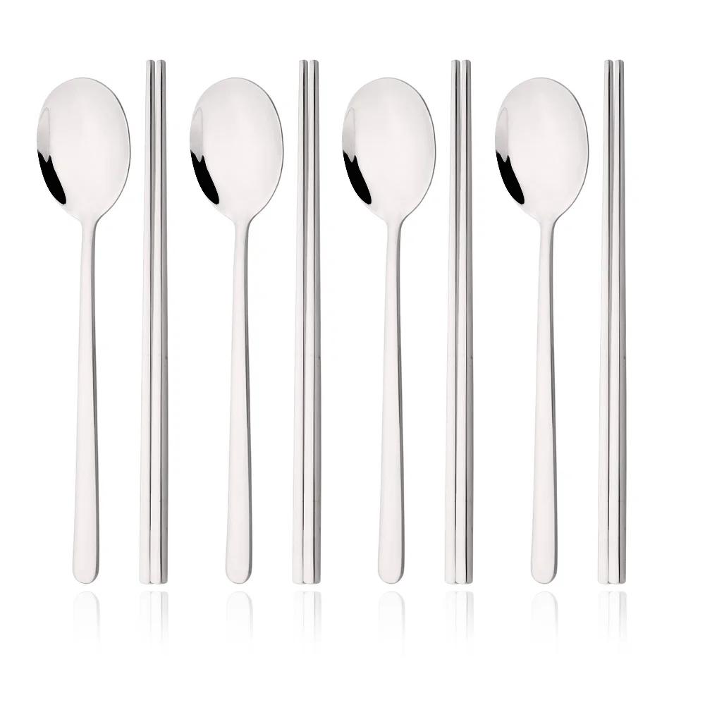 

8 шт./набор Зеркальные палочки для еды Ложка Набор столовых приборов Золотой набор посуды Роскошные столовые приборы из нержавеющей стали Корейский набор посуды серебряный