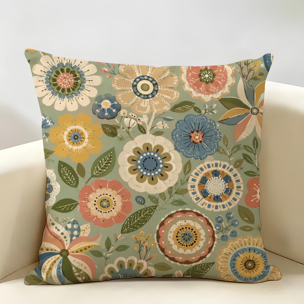 Bohemian Geometric Floral Pattern Cushion Cover Durable Hypoallergenic Organic Linen Short Pillow Cover Washable