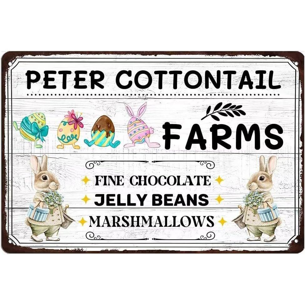 Panneau Métallique Vintage Peter Cottontail Farms Lapin de Pâques Décor Mural de Ferme Printanière avec Bonbons Gélifiés au Chocolat Marshma