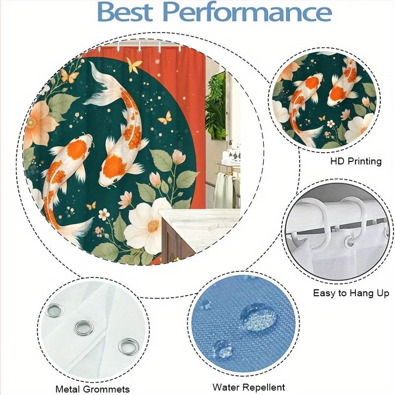 Koi Vis & Bloemen Douchegordijn - Waterverf Ontwerp, Polyester, 12 Haken, 70,8x70,8 Inch, Op de Natuur Geïnspireerd Decor