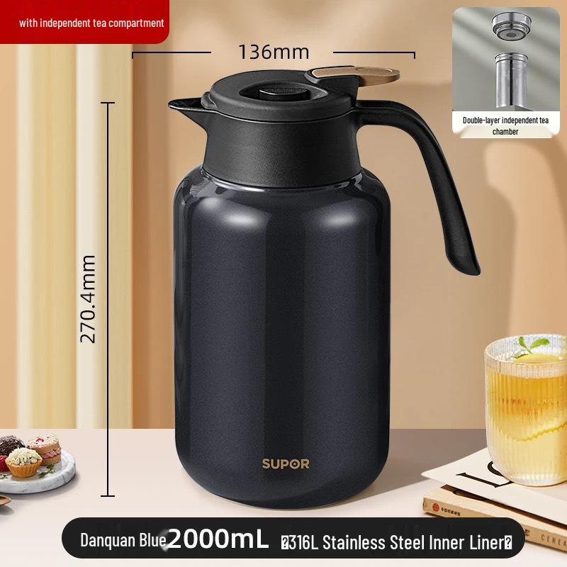 Supor Insulated Kettle: Home Use, Long-lasting Heat, Tea Separation, Double-Layer Chamber, Stewing & Brewing Functions.