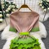 Elegant Beaded Embroidery Oversize Pleated Dress Women Summer Gradient Pink Green V Neck Ruffle Belt High Elastic Midi Dress