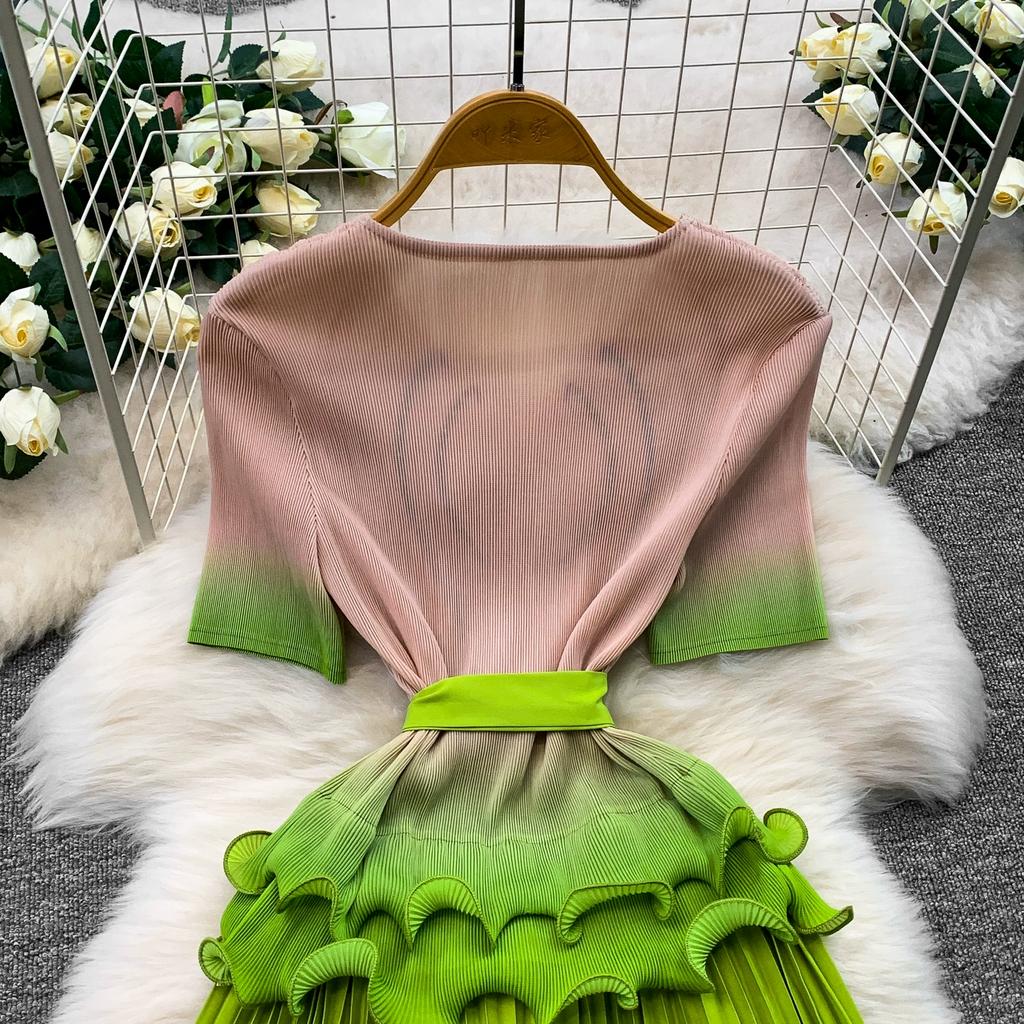 Elegant Beaded Embroidery Oversize Pleated Dress Women Summer Gradient Pink Green V Neck Ruffle Belt High Elastic Midi Dress