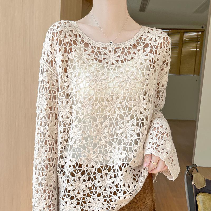 French Style Hollow Long Sleeve Cashmere Knit Sweater - Women's Autumn/Winter 2024 Collection Solid Color Top