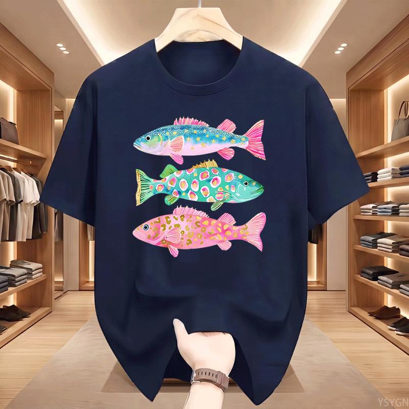 Preppy Fish Tshirt Unisex Summer Coastal Fish Beach Tshirts Causal Round Neck Printed Cotton Short Sleeve T Shirts Unisex Tops