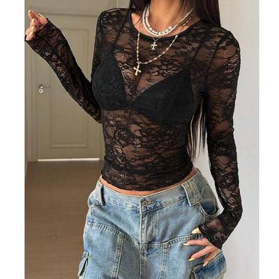 Damen Y2k Tops Blumenspitzen-Top Durchsichtige Langarm-T-Shirts Eng anliegend Date Night Outfits