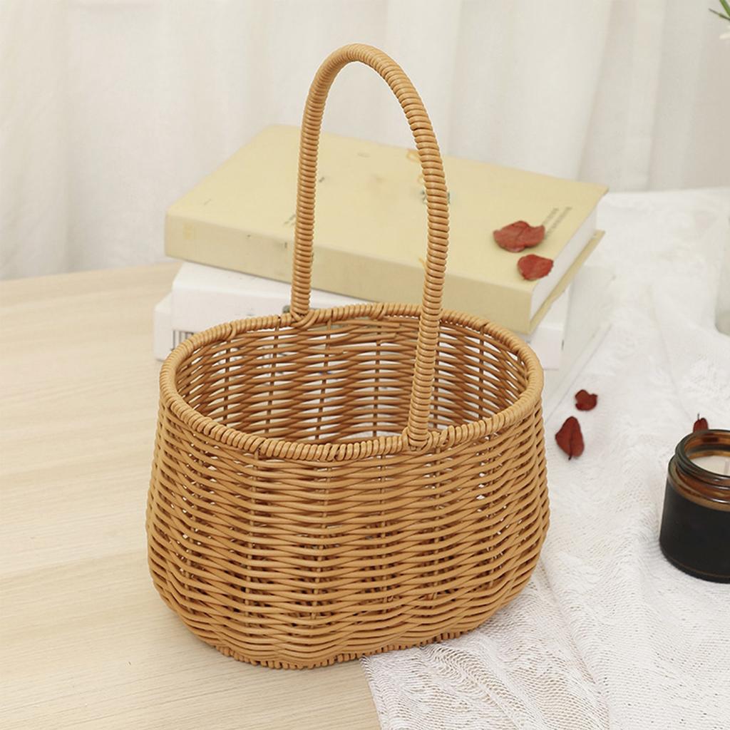 Portable Woven Basket with Handle PP Rattan Hand Woven Hamper for Fruits Vegetables Gifts