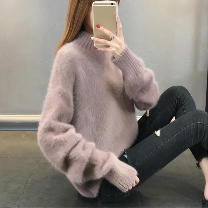 Autumn and Winter Non-shedding Waterproof Mink Sweater Women's Bottoming Shirt Thick Loose Half High Collar Solid Color Pullover Soft and Comfortable