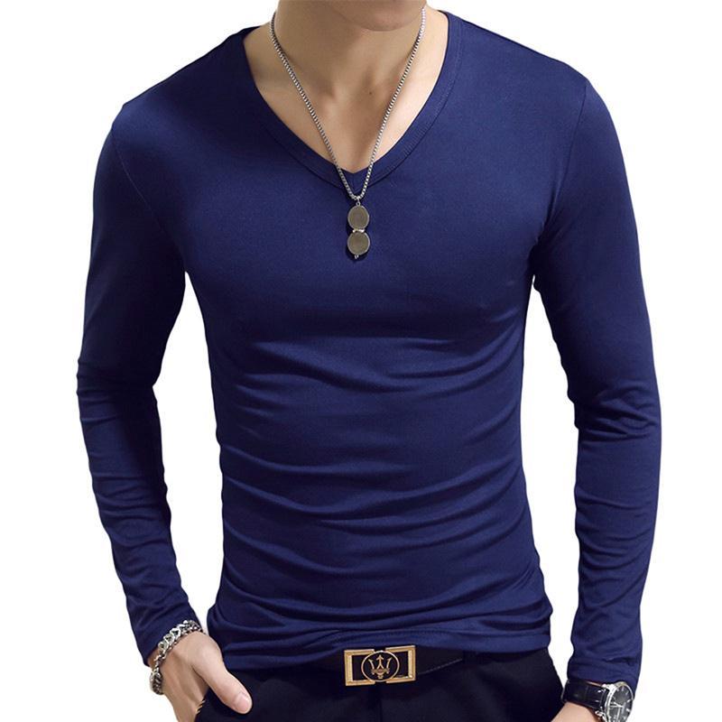 Herrenbekleidung, 7 Farben, lässig, Slim-Fit, einfarbig, langärmelig, O/V-Ausschnitt, Baumwolle, T-Shirts