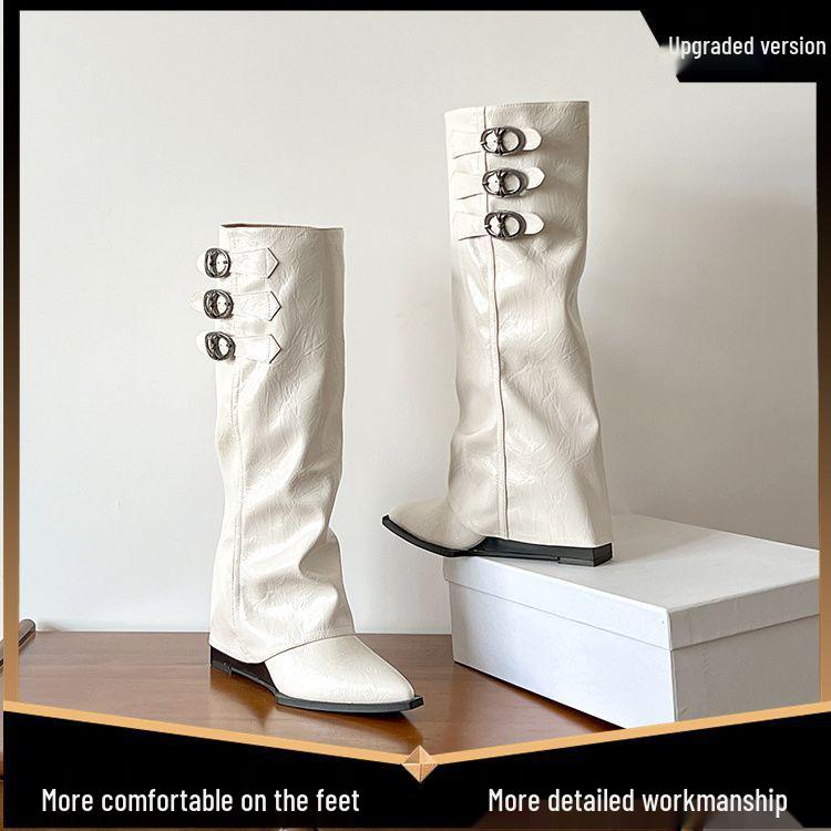 French Pointed Toe Thigh-High Wedge Heel Boots - Women's Elevated Pant Boots for Autumn/Winter Fashion, Over-the-Knee Wasteland Style.