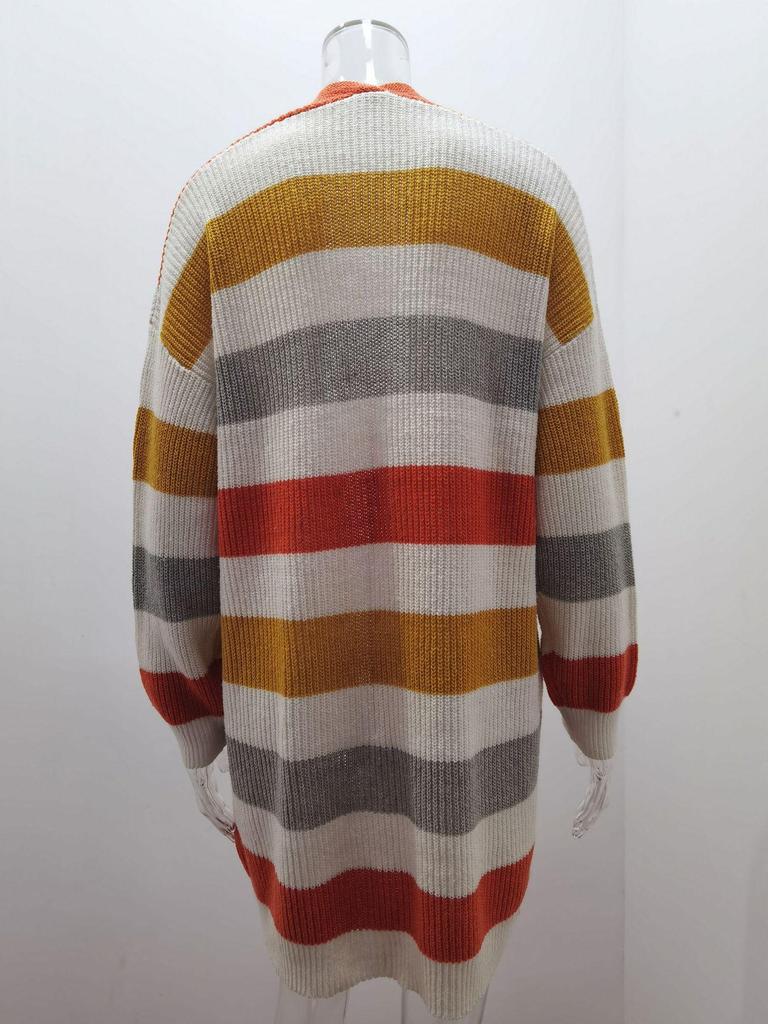 2025 Women's Long Color Block Striped Patchwork Cardigan for Autumn/Winter