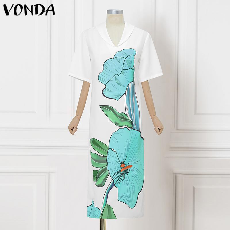 

VONDA Summer Women V Neck Half Sleeve Floral Print Back Lace-up Casual Long Dress 5XL синий