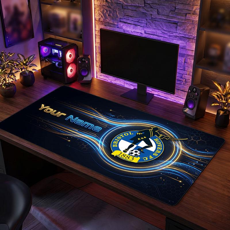 Bristol Rovers Custom Large Mouse Pad, Personalized Name Text Print, Football Logo Non‑Slip Desk Mat Gaming Gift