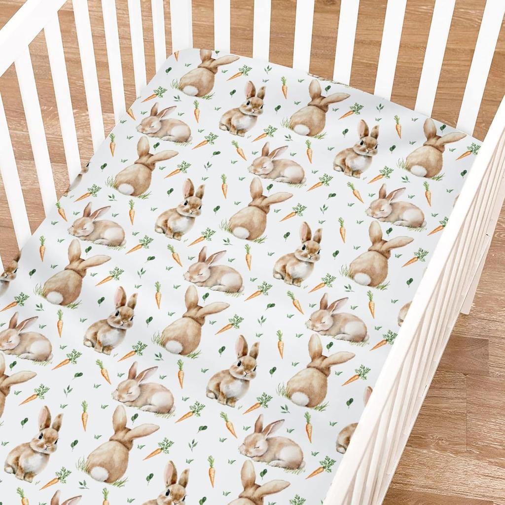 Cute Bunnies Fitted Baby Crib Sheet for Boy Girl 52"x28" Easter Rabbits Carrots Leaves Crib Mattress Cover Spring Bunny Baby Sheets for Standard Crib
