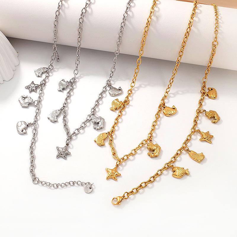 Gold-Plated Titanium Ocean-Inspired Necklace & Bracelet Set with Starfish and Fish Pendants - Versatile Women's Jewelry