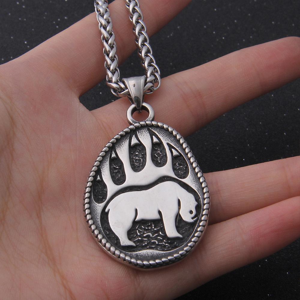 Bear Paw Pendant Necklace Protection Amulet Stainless Steel Norse Viking Bear Necklace for Men Women