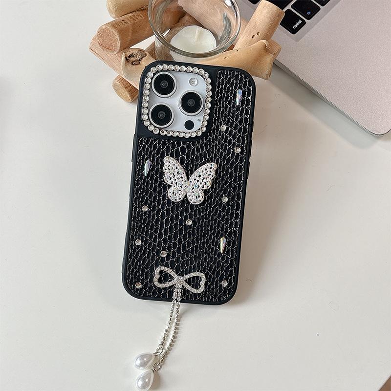 Silberne Perlen Schmetterling Handyhülle für Apple 17 Promax Strass Quaste Perlenanhänger für IPhone 16 Kariertes Leder