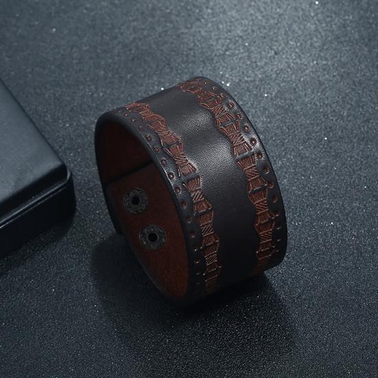 Vintage Men Embossed Faux Leather Buttons Wide Bracelet Bangle Wristband Decor