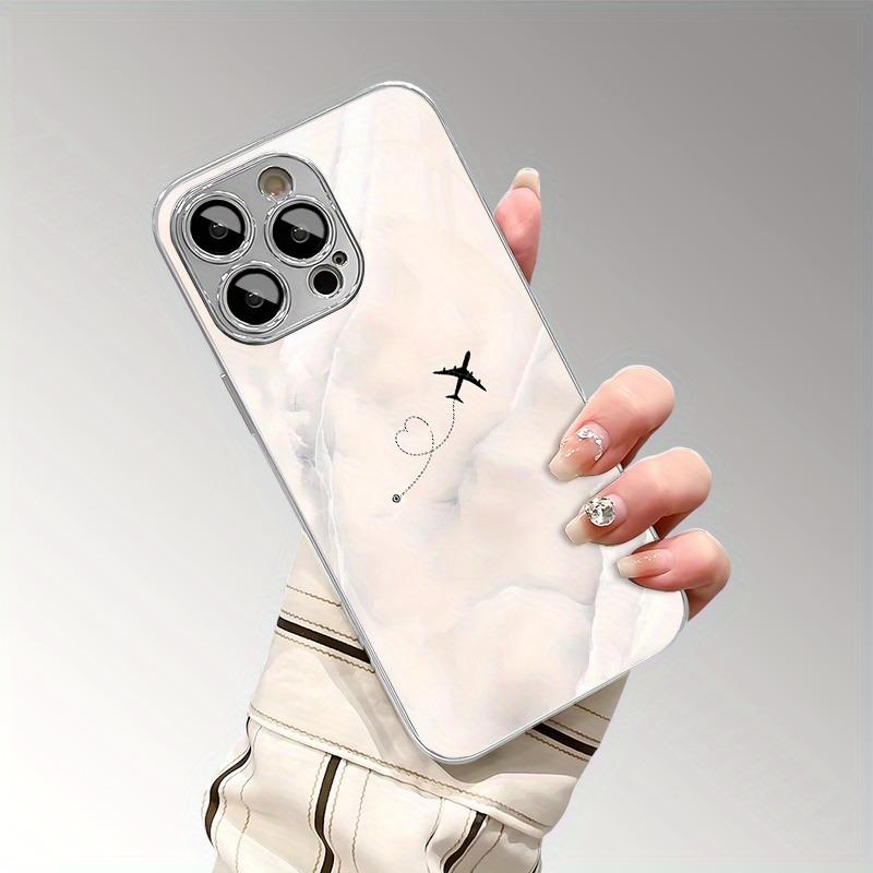 Travel Plane Love Heart Pattrn Tempered Glass Electroplated Silver Phone Case For Samsung Galaxy S25 S24 S23 Ultra Plus FE Cover