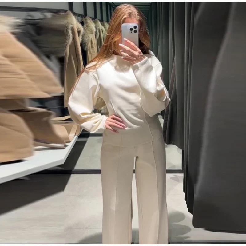 Autumn 2024 Women's Long Sleeve O-Neck Pleated Top & Wide Leg Pants Office Suit