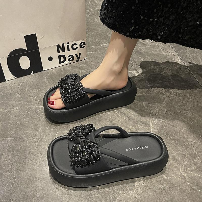 Rhinestone bow slippers outer wear 2025 new summer fashion Rome versatile thick bottom height increase casual slippers women