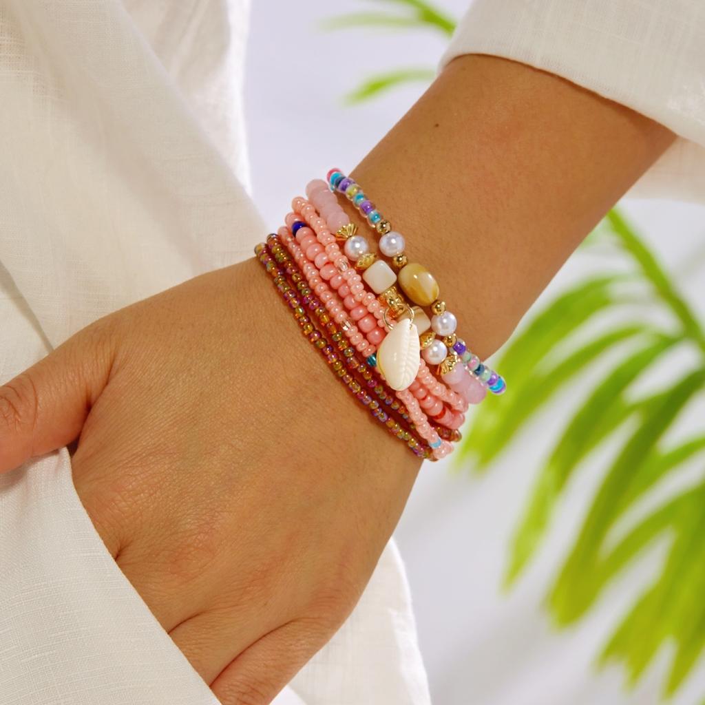 Bohemia Multilayer Rice Beaded Shell Tassel Bracelets For Women Men Ethnic Colorful Crystal Beads Bangle Summer Vacation Jewelry