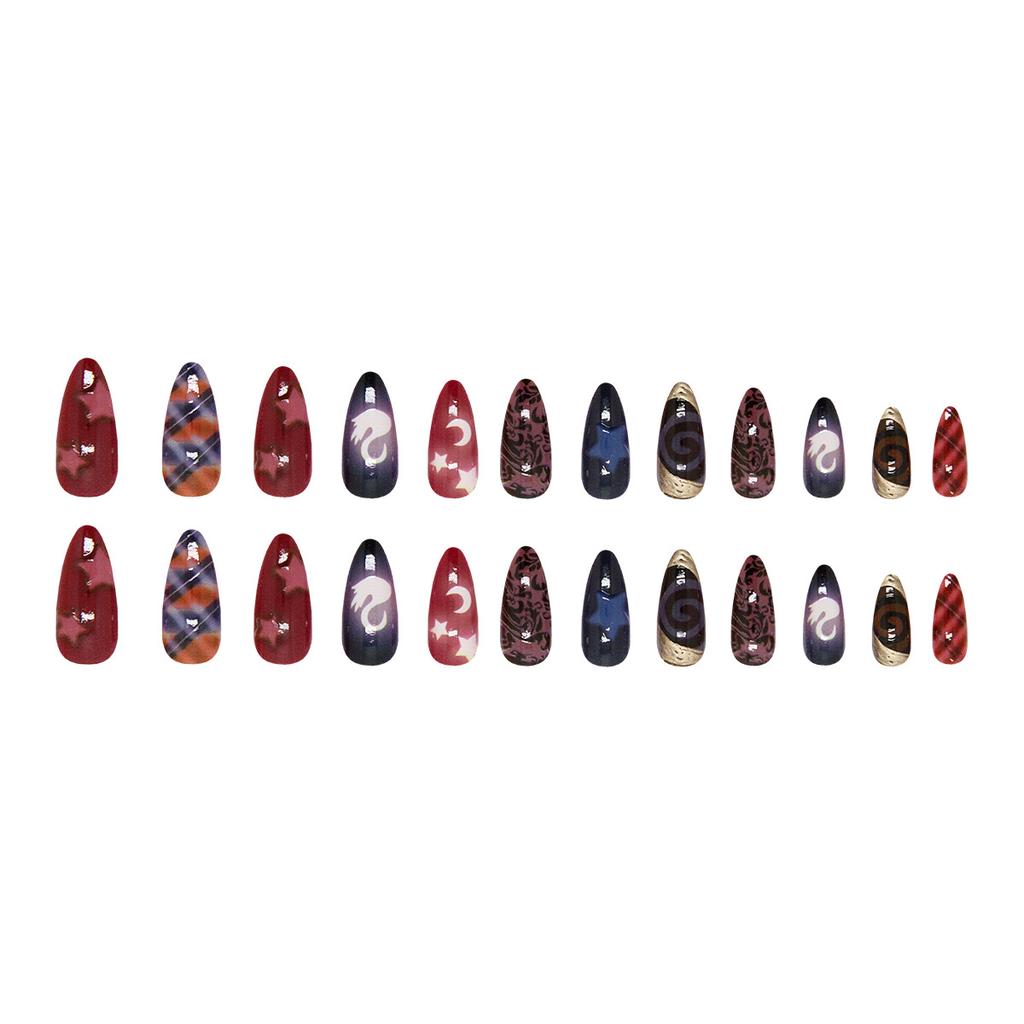 24Pcs Y2K Almond Press On Nails Moon Star Swan Pattern Full Cover Detachable False Nails Sweet Cool Fake Nail Tips