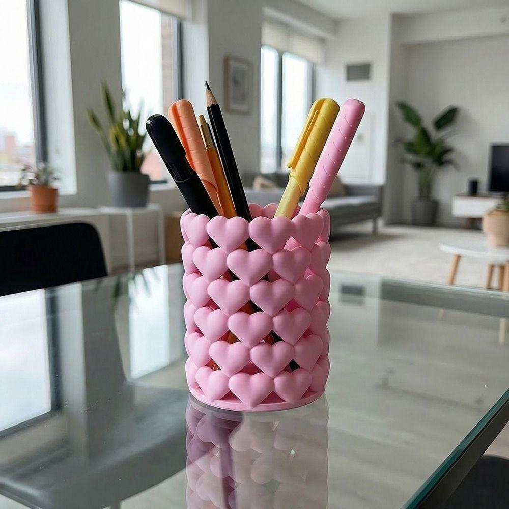 Cute 3D Printed Pencil Cup Hollow Desktop Storage Box Novelty Heart-shaped Pen Holder  Vanity Table