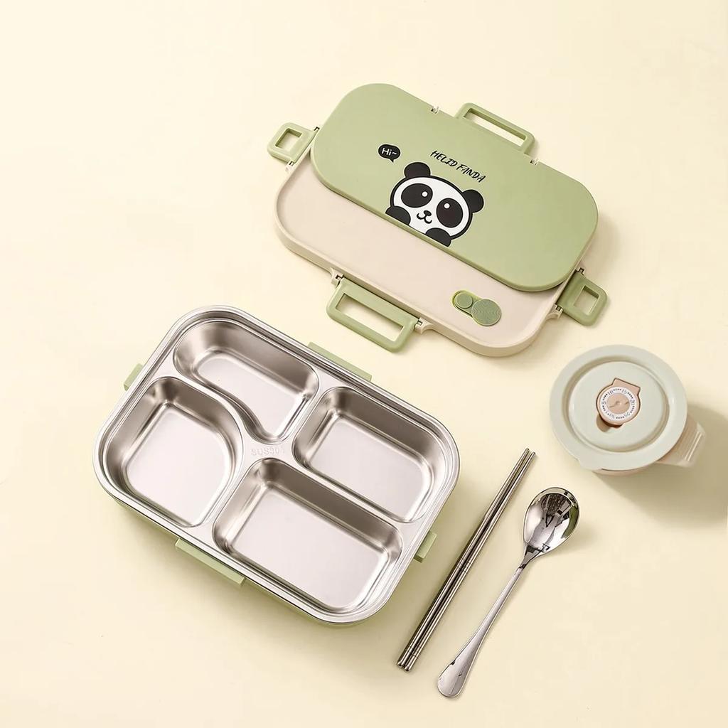 304 Stainless Steel Bento Box with Bowl Cutlery Large Capacity Divided Food Storage Container Sealed Lunchbox for Kids School