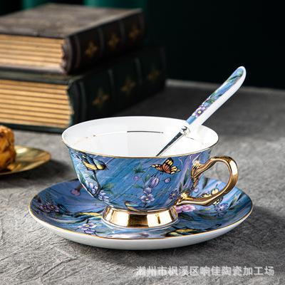 200ml Europe Oil Painting Bone China Coffee Cup Mug Plate Spoon Set Luxury Elegant Mug Porcelain Tea Cup Teaware Party Drinkware