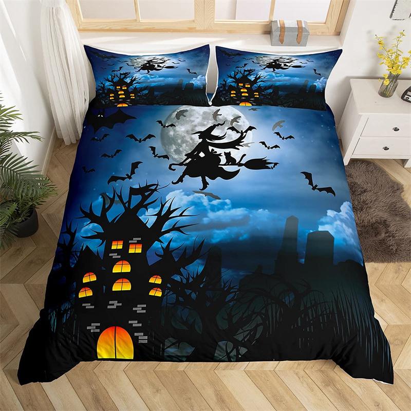 Halloween Duvet Cover Horror Pumpkin Lantern Bedding Set Polyester Crazy Scary Horseman Comforter Cover King For Kids Boys Girls