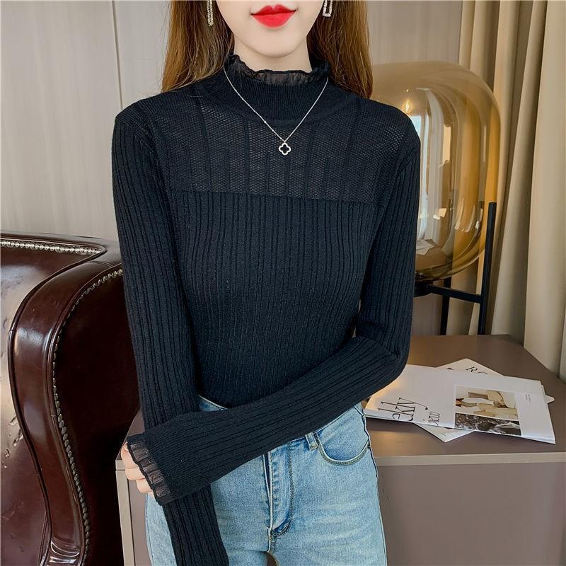 Perspective mesh primer women's spring and autumn high-end fashion temperament fungus edge lace primer women's long-sleeved slim fit