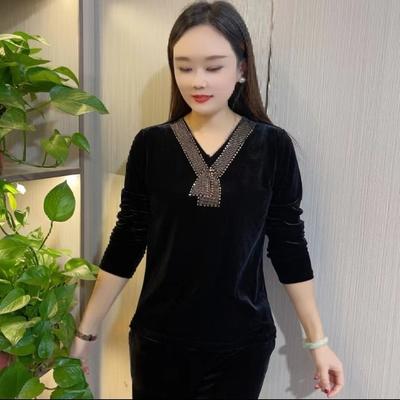 Women's V-neck Velvet Blouse Loose Rhinestone Velvet Blouse Solid Color Velvet Pullover Top Autumn Winter