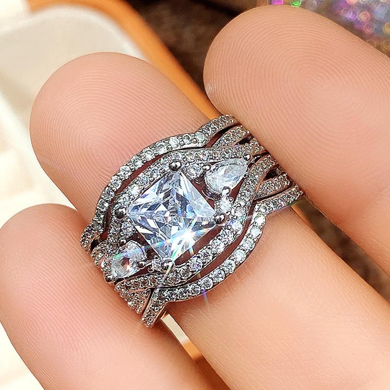 Set de inele de nuntă Noble Lady cu CZ strălucitor Seturi superbe de inele de mireasă de 3 buc. Accesorii delicate de înaltă calitate pentru femei