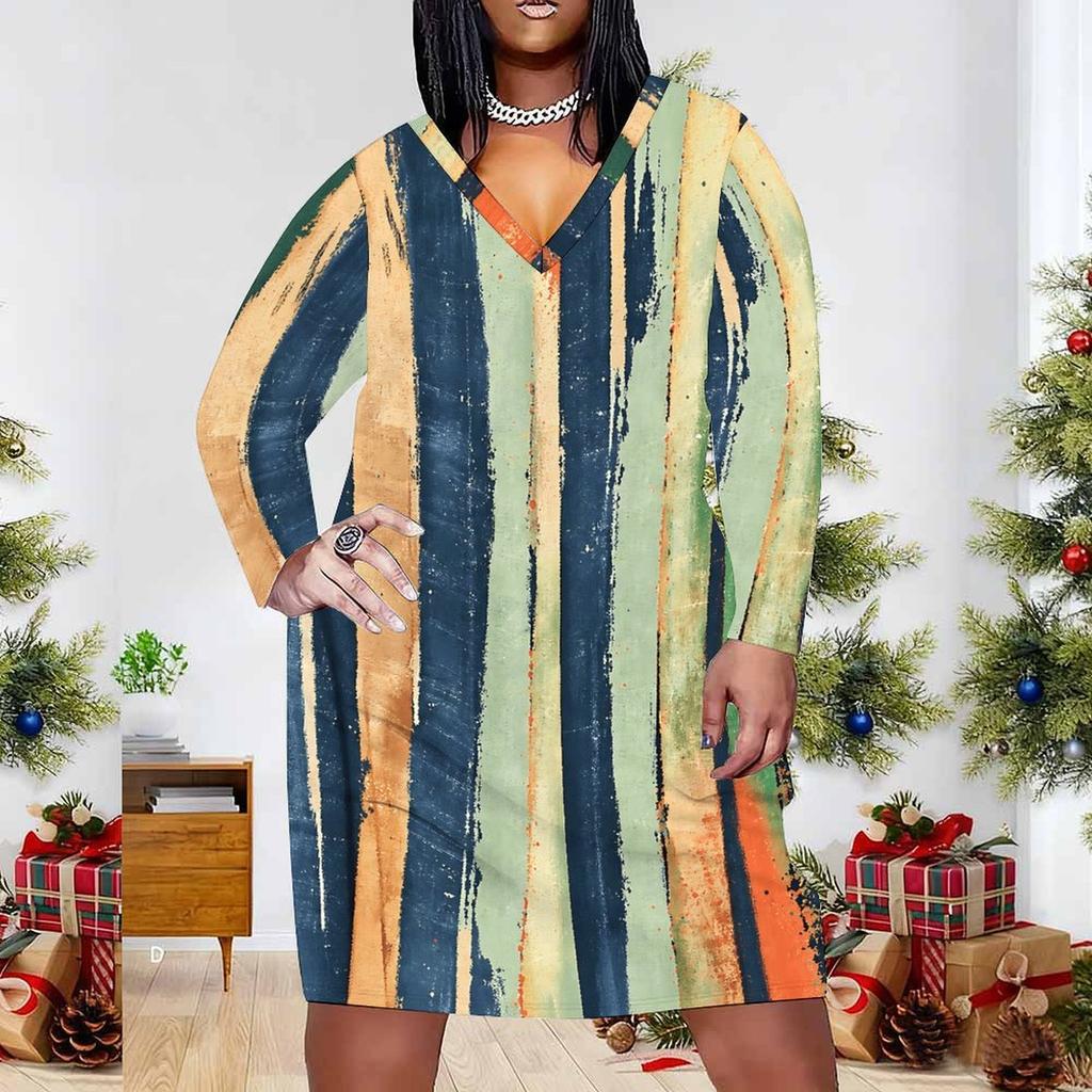 Women Plus Size V Neck Long Sleeve Printed Striped Dress With Pockets