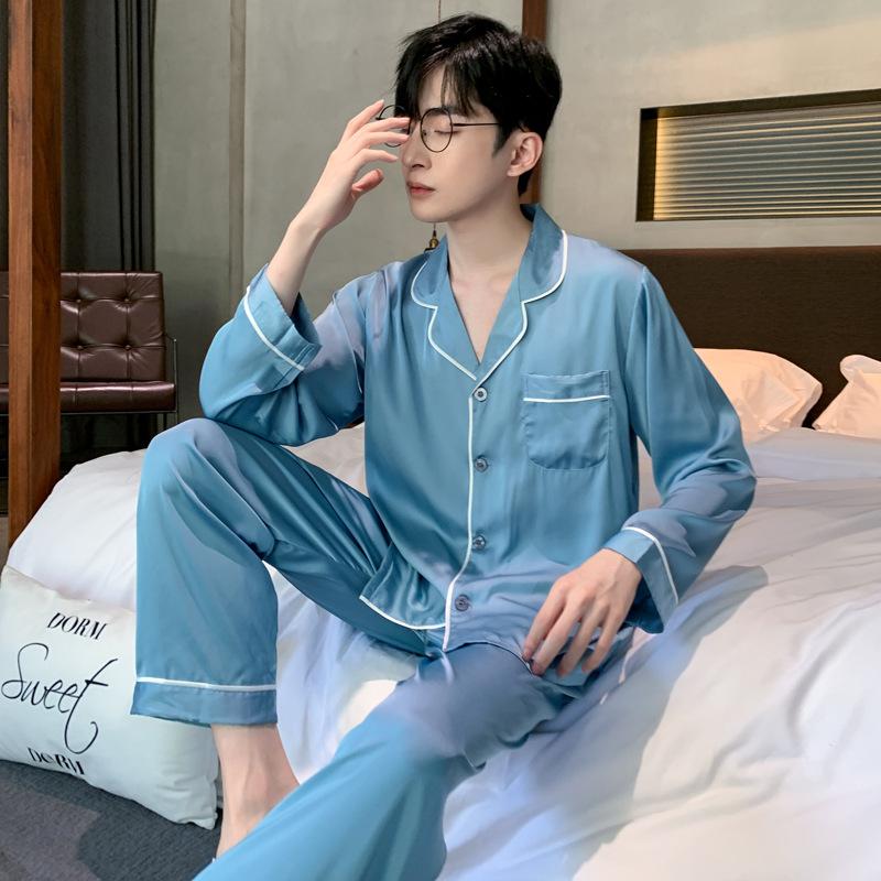 Pajamas Men's Spring Summer Summer Long Sleeve Silk Ice Silk Homewear Spring Autumn Thin Simulation Silk Satin Set