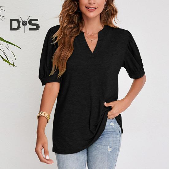 

Женская летняя футболка с v-образным вырезом и коротким рукавом, свободная мягкая дышащая рубашка с пузырьковыми рукавами, повседневная простая стильная женская блузка, топ L чёрный